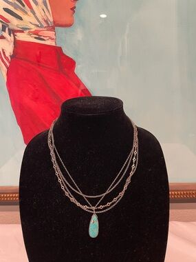 Marie Chavez Multi Chain Silver Necklace with Turquoise Teardrop Pendant